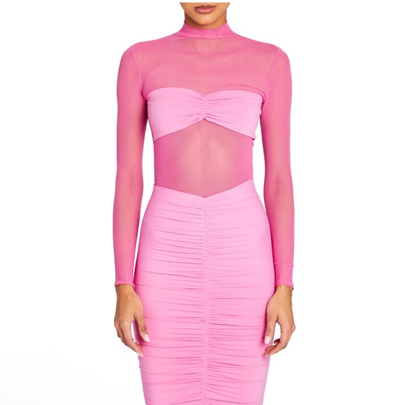 Ser.O.Ya Levina Mesh Sheer Ruched Dress in Malibu Pink size medium $278 MSRP - Picture 2 of 12